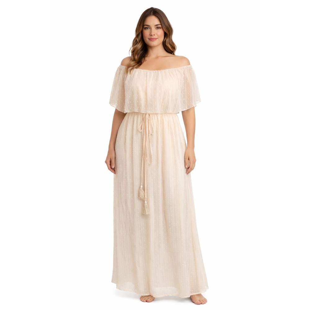 Womens Light Peach Swiss Dot Off the Shoulder Maxi Dress‎ Tassel Belt Size M